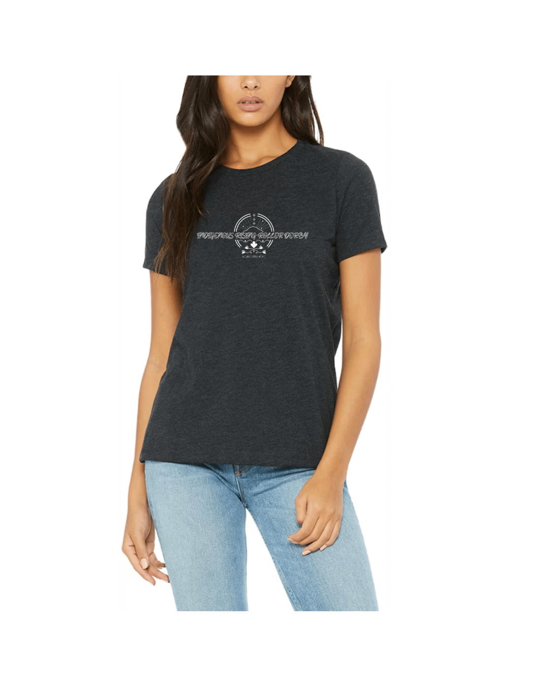 Gray t-shirt with white Indigenous Rising We Are Still Here alternate logo