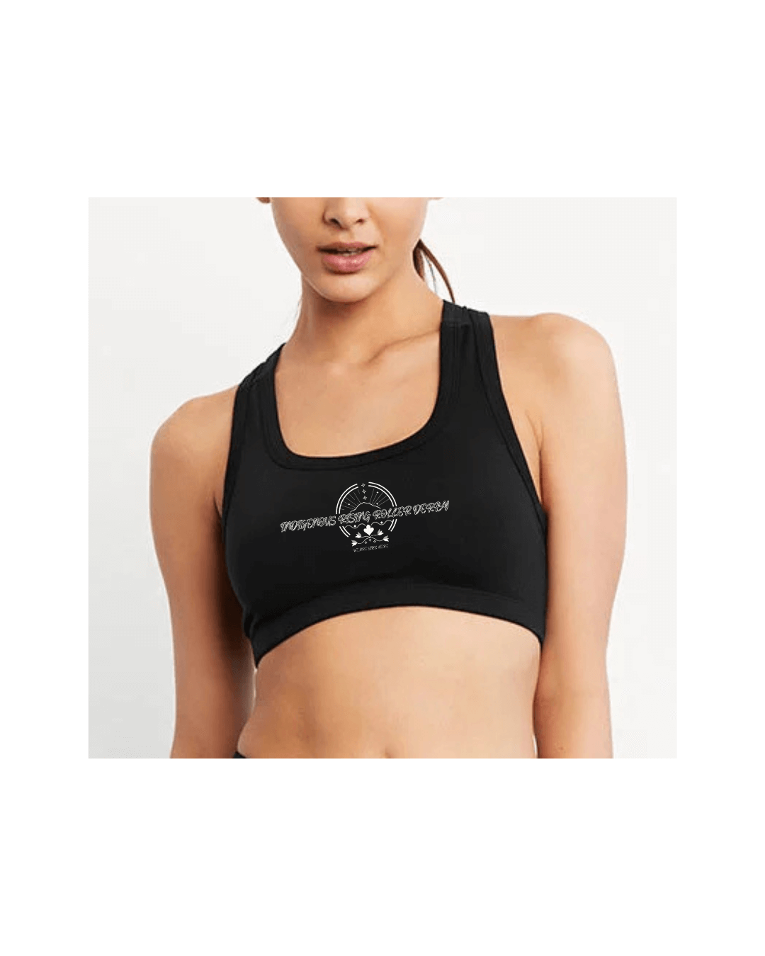 Black sports bra with Indigenous Rising Roller Derby logo with We Are Still Here underneath
