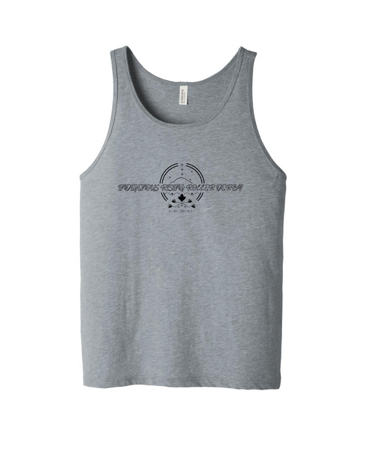 Gray tank top with a black logo on a white background