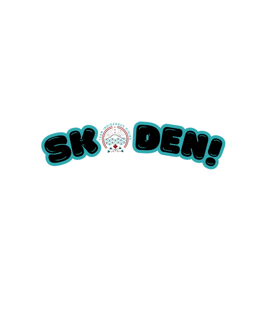 Text 'SKODEN!' with a logo on a white background