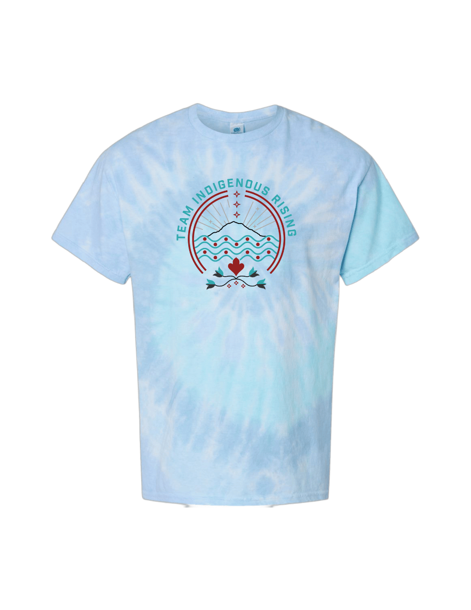 A light blue and white tie-dye t-shirt featuring Indigenous Rising Roller Derby Logo