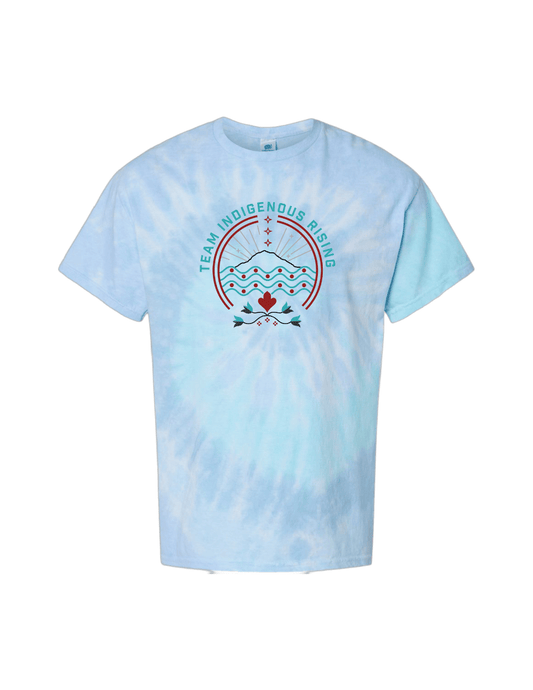 A light blue and white tie-dye t-shirt featuring Indigenous Rising Roller Derby Logo