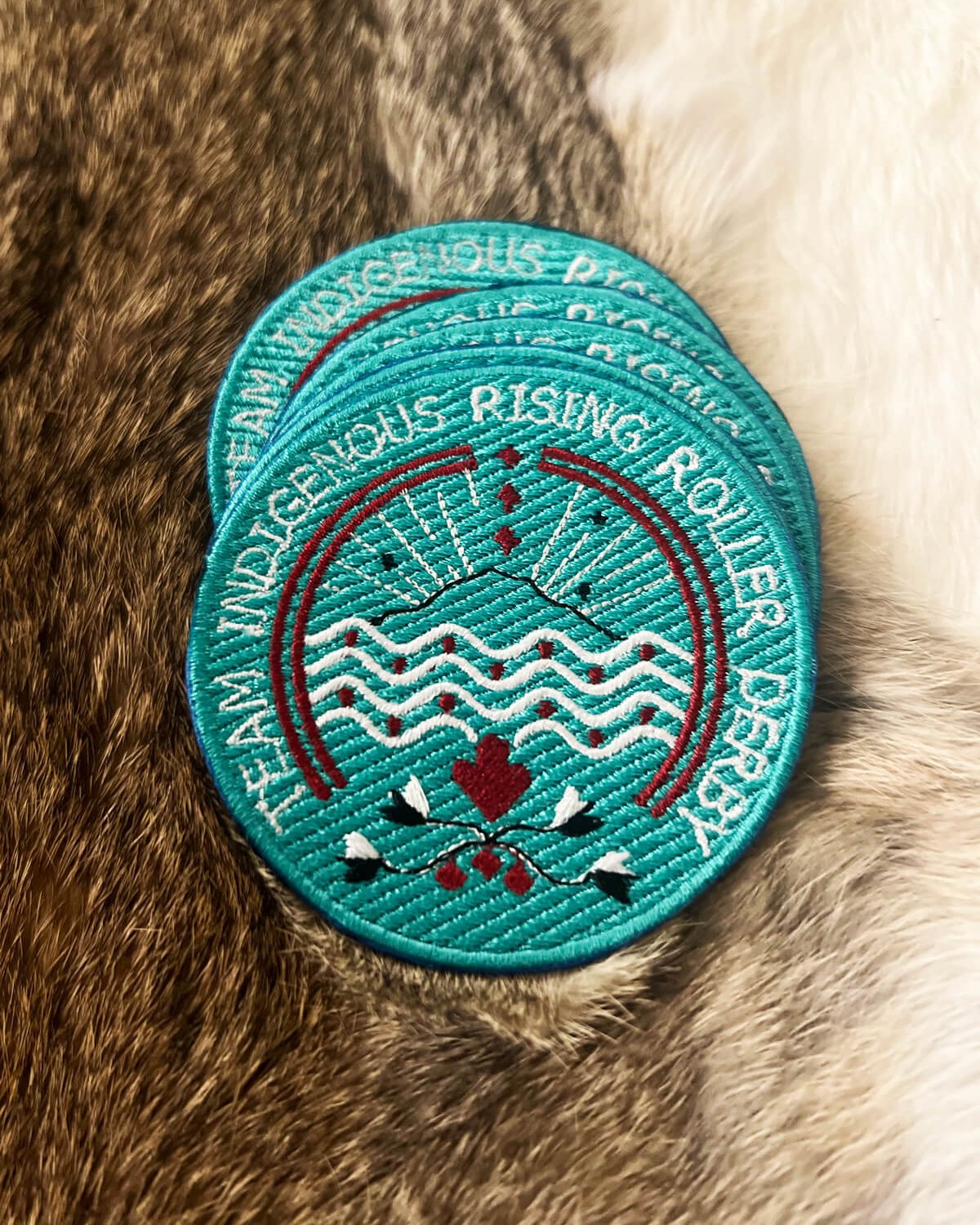 Team Indigenous Rising Roller Derby, iron-on 3" round embroidered patch applique, teal