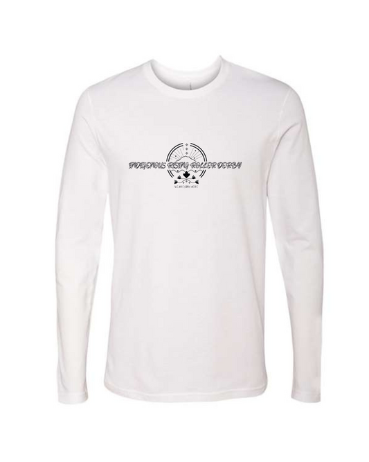White long-sleeve shirt with black graphic design "Indigenous Rising Roller Derby, We Are Still Here" on a white background