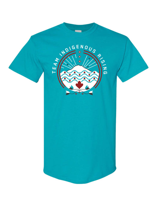 Turquoise t-shirt with 'Team Indigenous Rising' graphic.