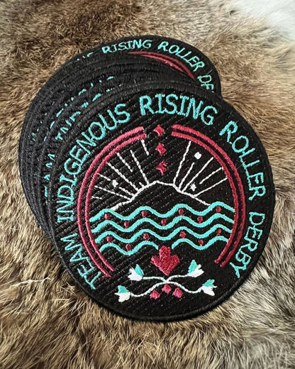 Team Indigenous Rising Roller Derby, iron-on 3" round embroidered patch applique, black