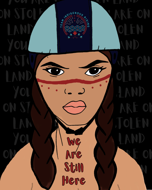 Illustration of a person with braided hair and face paint, wearing a cap with text, on a black background with repeated text.