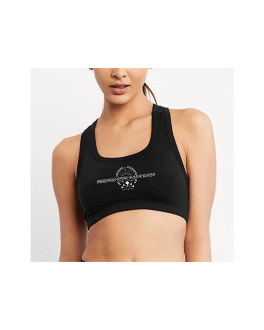 Black sports bra with Indigenous Rising Roller Derby logo with We Are Still Here underneath