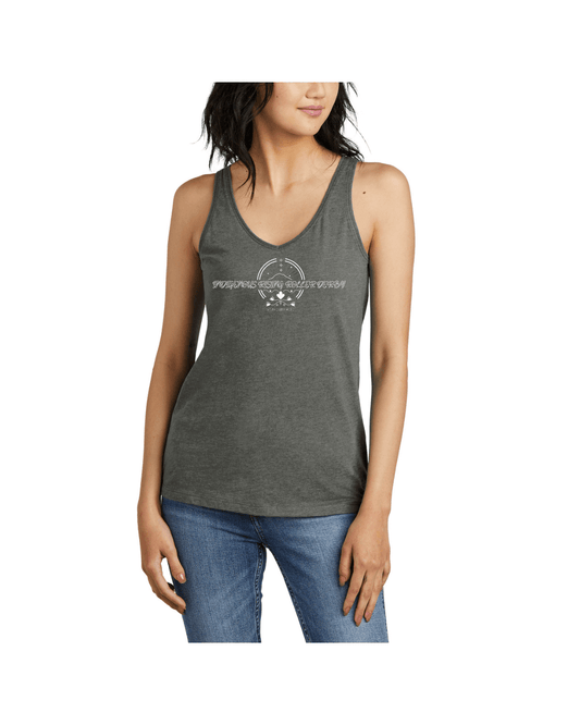 dark gray tank top with white Indigenous Rising Roller Derby logo with We Are Still Here underneath